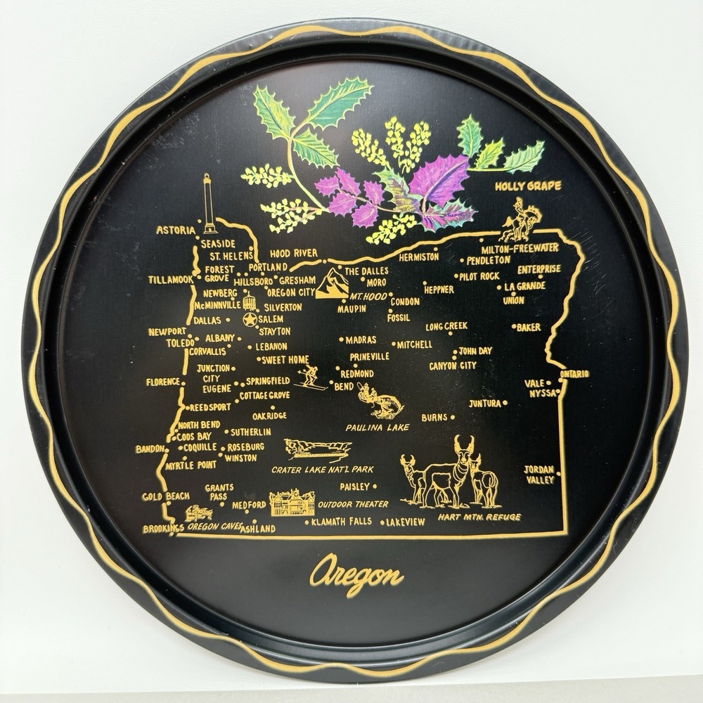 Vintage Oregon State Tray MCM Kitschy Barware Graphic Souvenir Decor Platter